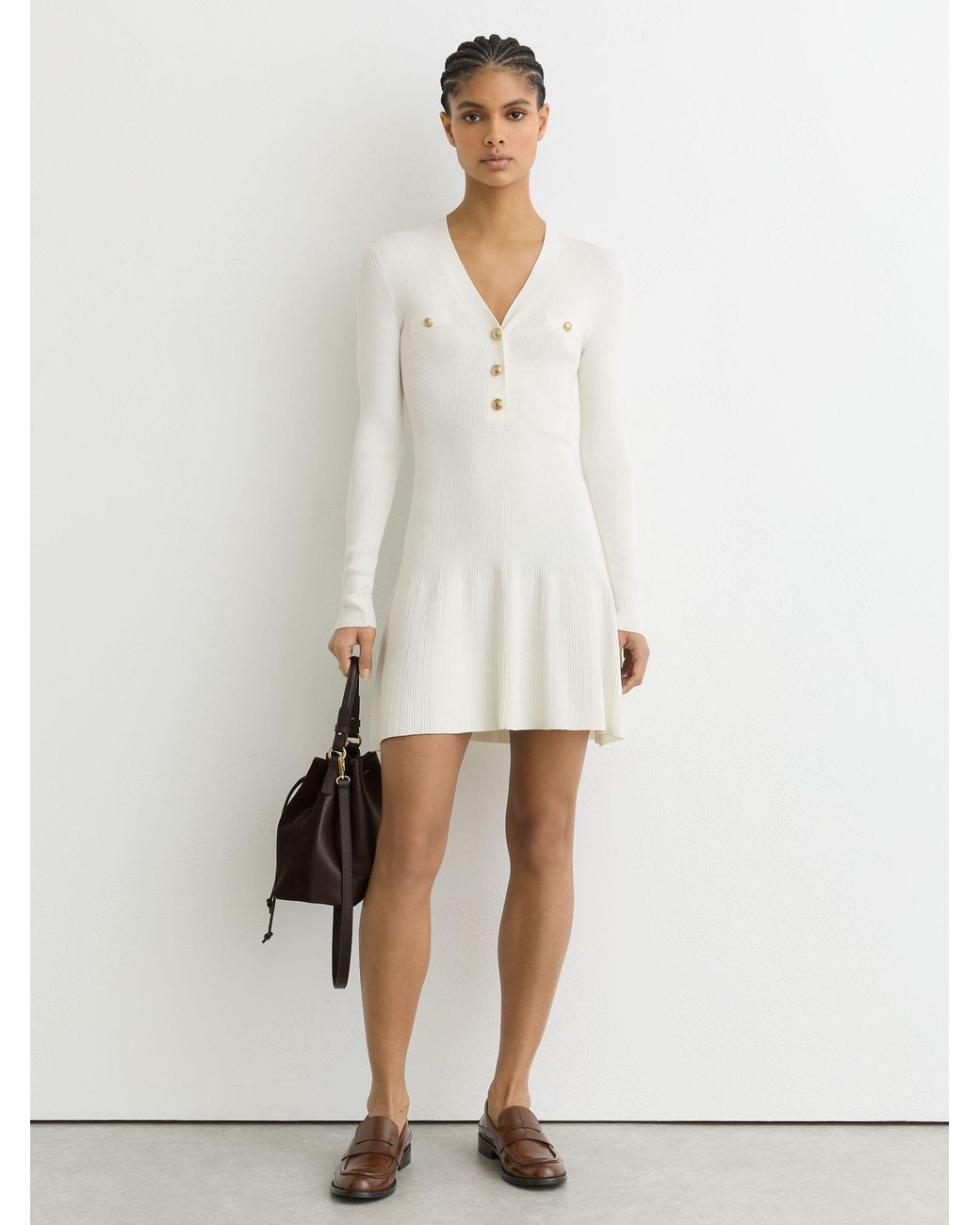 Reiss White Knitted Button-Detail Mini Dress