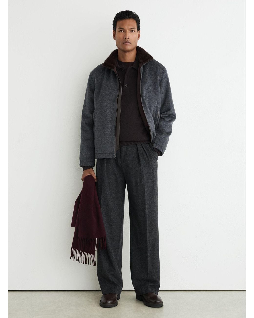 Reiss Black Wool-Blend Faux-Fur Trim Funnel Jacket for men