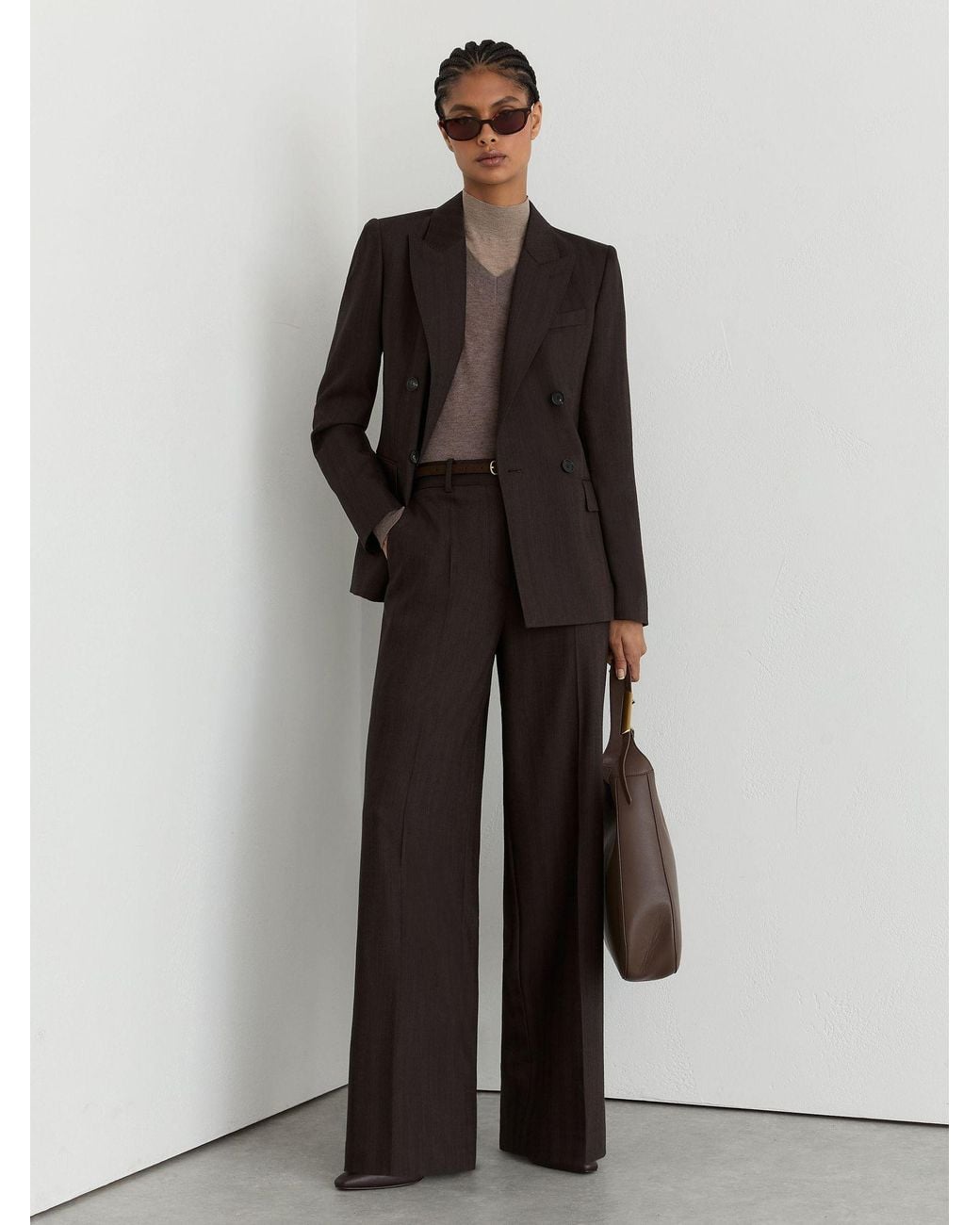 Reiss Black Chocolate Dawson Petite Wool-Blend Herringbone Double-Breasted Blazer