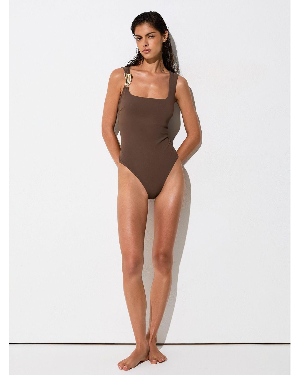 Reiss Brown Hardware-Detail Square-Neck Swimsuit