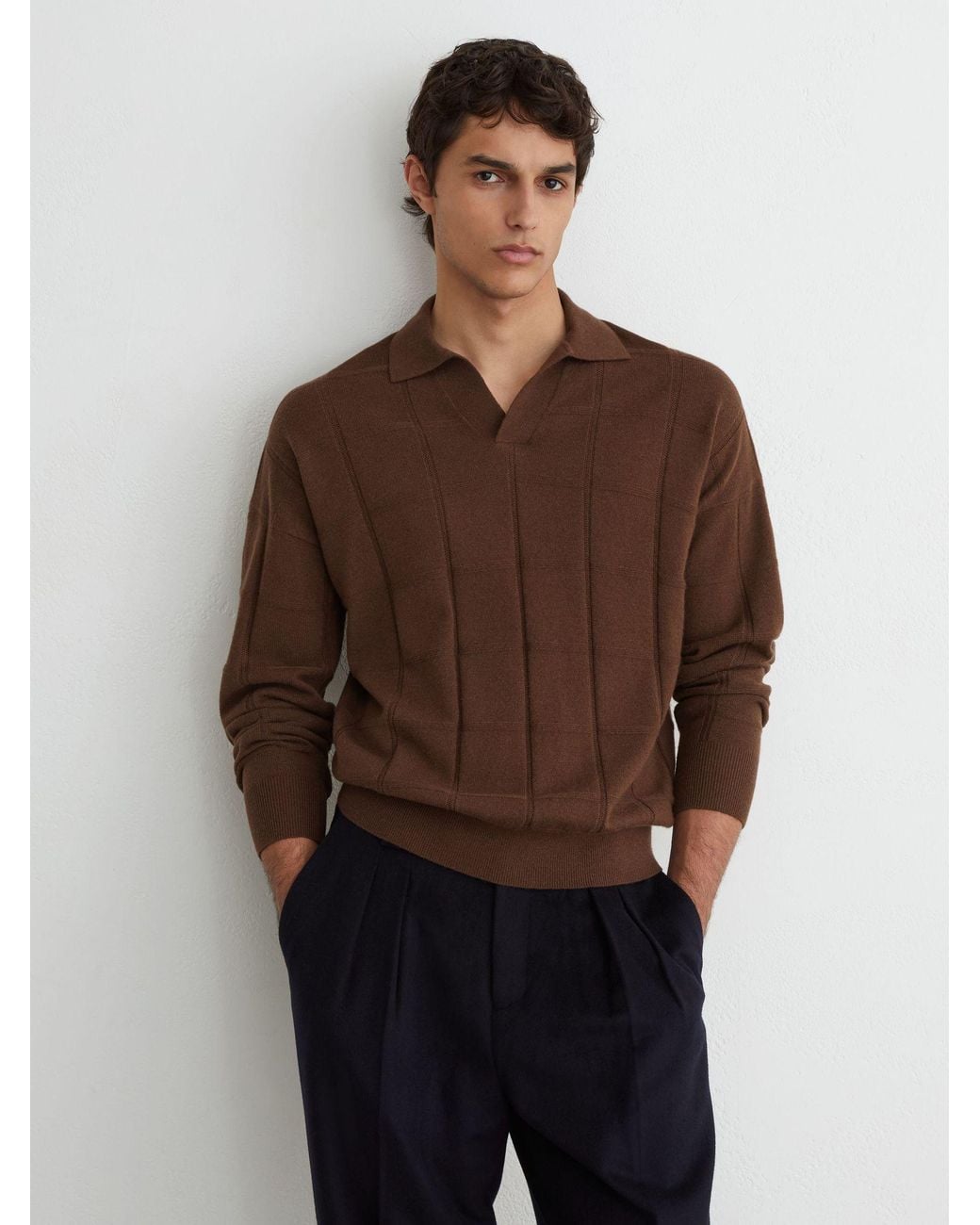 Reiss Brown Wool Square-Textured Open-Collar Polo Jumper for men