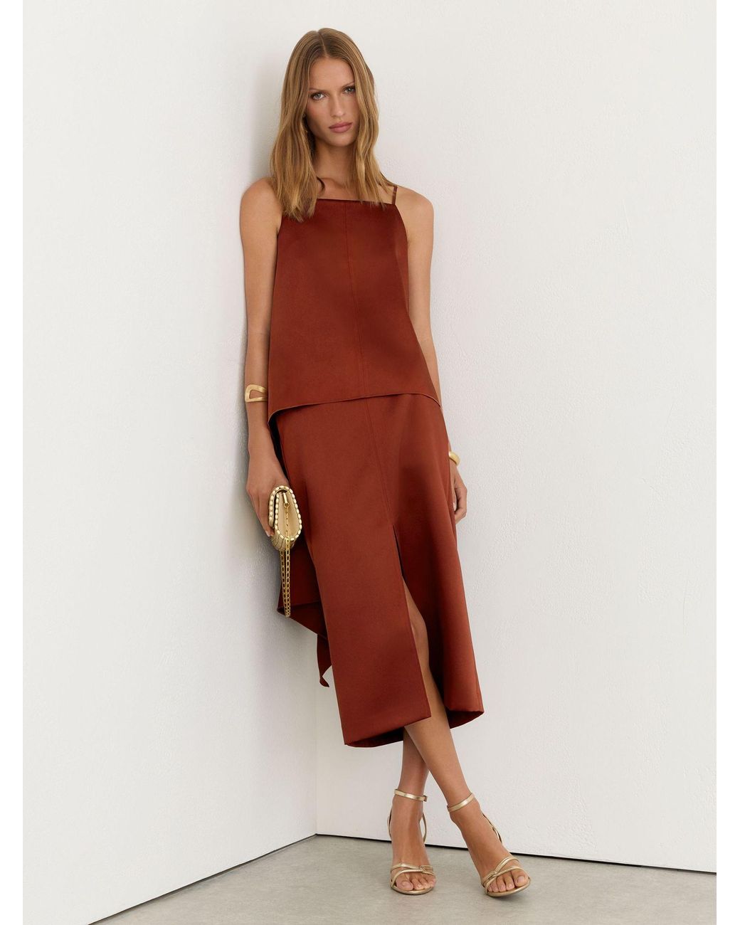 Reiss Brown Satin Structured Drape-Back Top