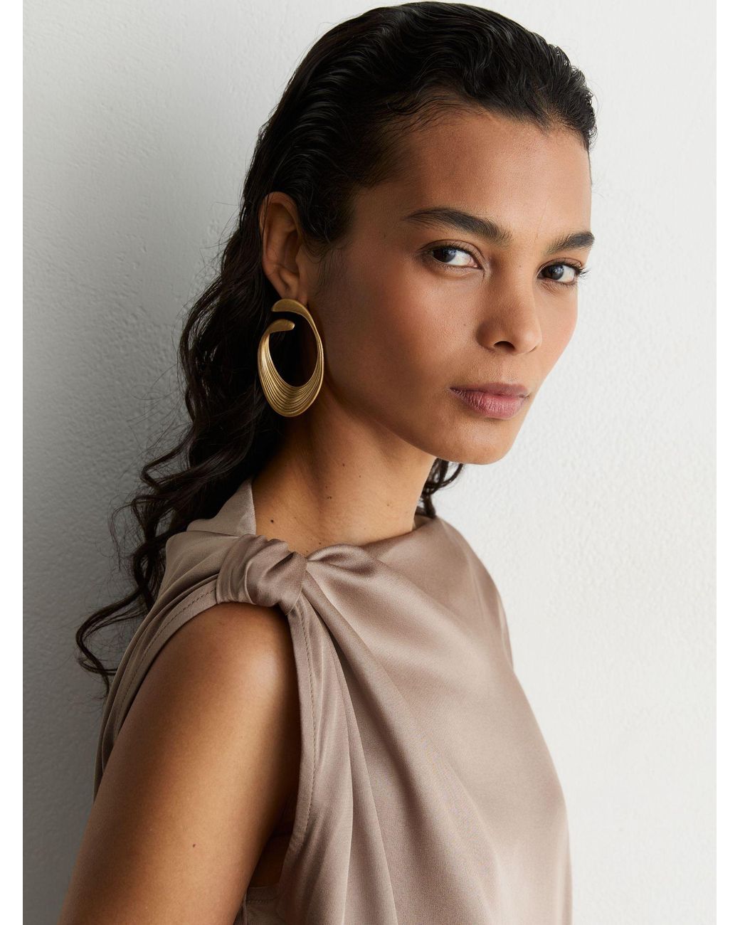Reiss Brown Satin Draped One-Shoulder Top
