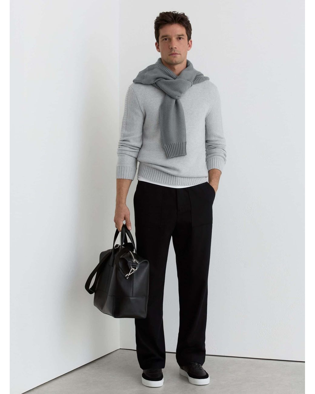 Reiss Gray Wool-Blend Rib-Detail Crew-Neck Jumper for men