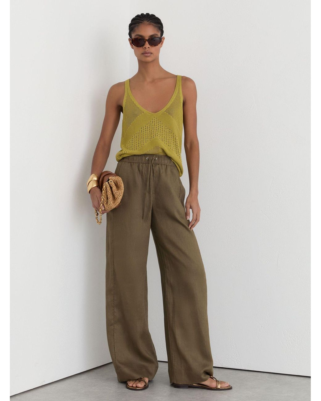 Reiss Multicolor Riley - Khaki Green Linen Ladder-embroidery Wide-leg Trousers, Us 14 Regular