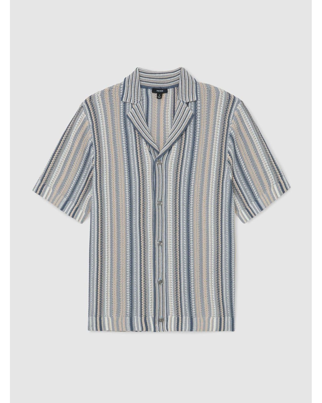 Reiss Gray Camel Striped Knit Cuban-Collar Shirt for men