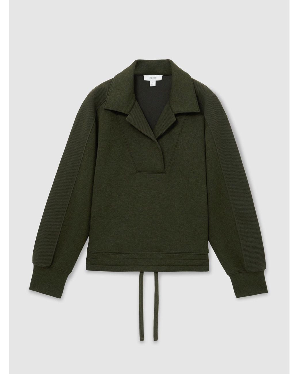 Reiss Green Premium Interlock Collared Rib-Detail Sweatshirt