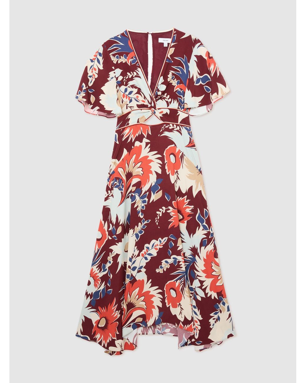 Reiss White Floral-Print Cut-Out Midi Dress
