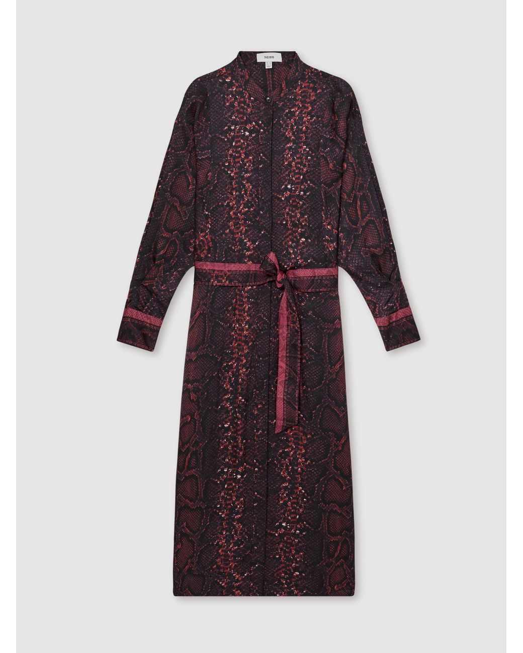 Reiss Natural Burgundy & Snake Print Belted Shirt Dress