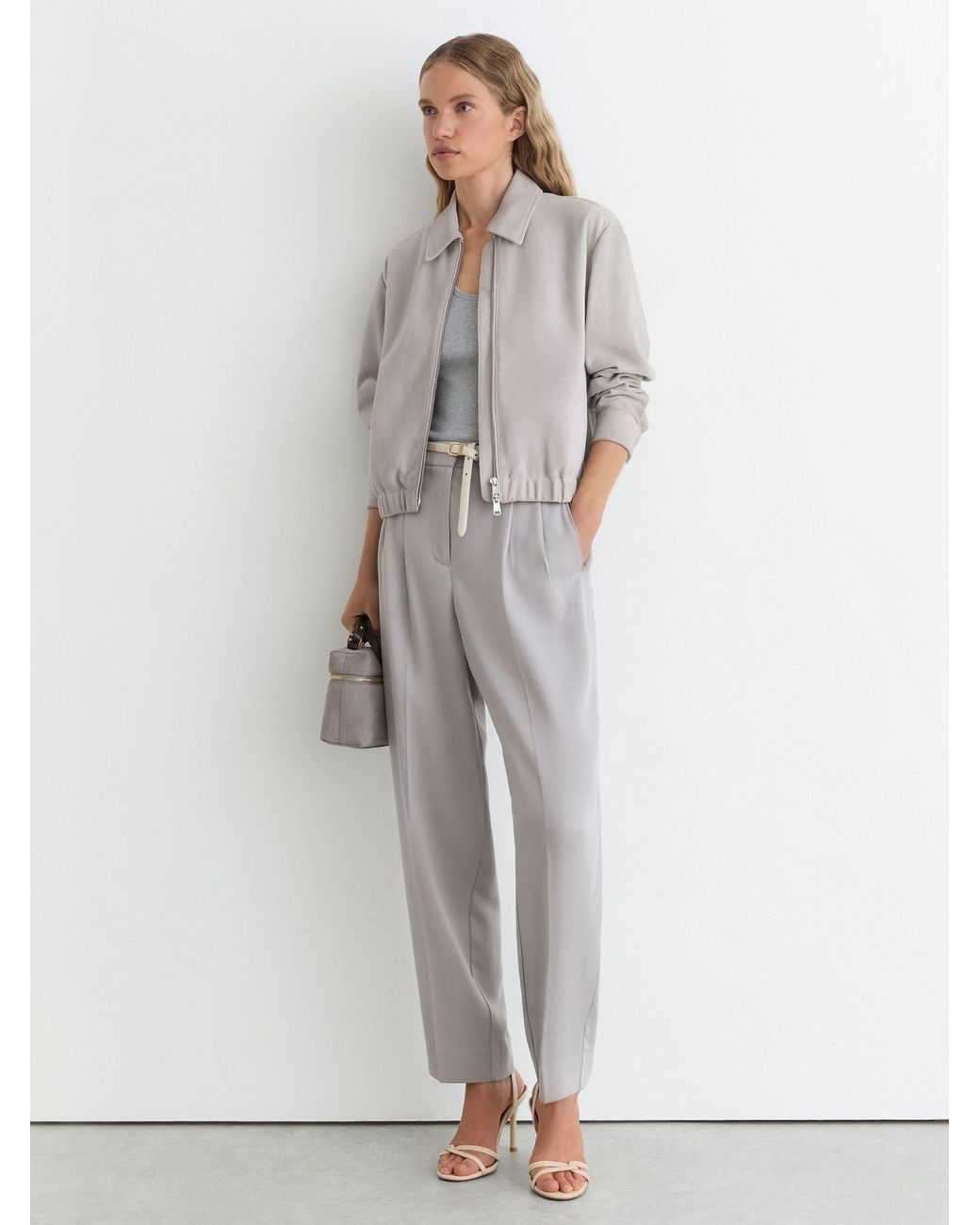 Reiss White Lottie Petite Cropped Bomber Jacket