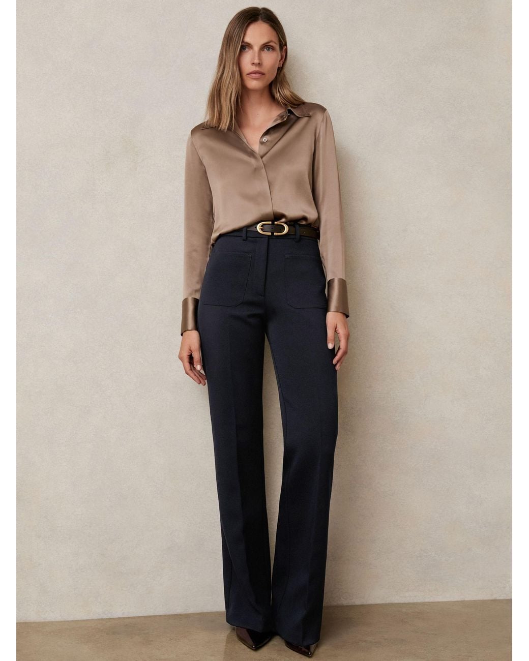 Reiss Blue Twill Patch-Pocket Flared Trousers