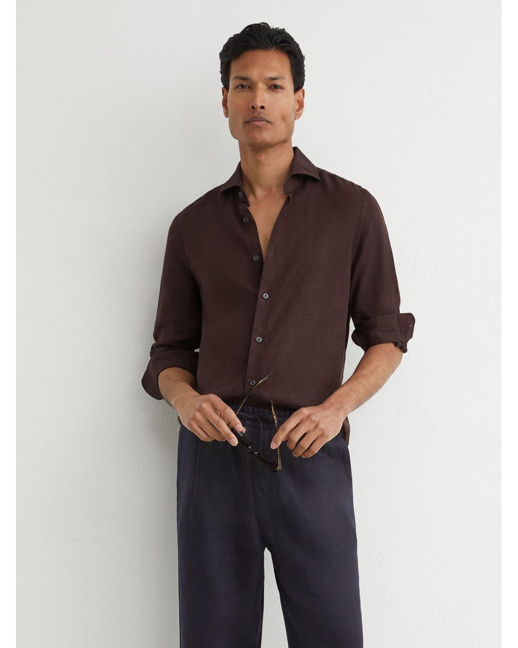Reiss Black Ruban - Chocolate Brown Linen Cutaway-collar Regular-fit Shirt, L for men