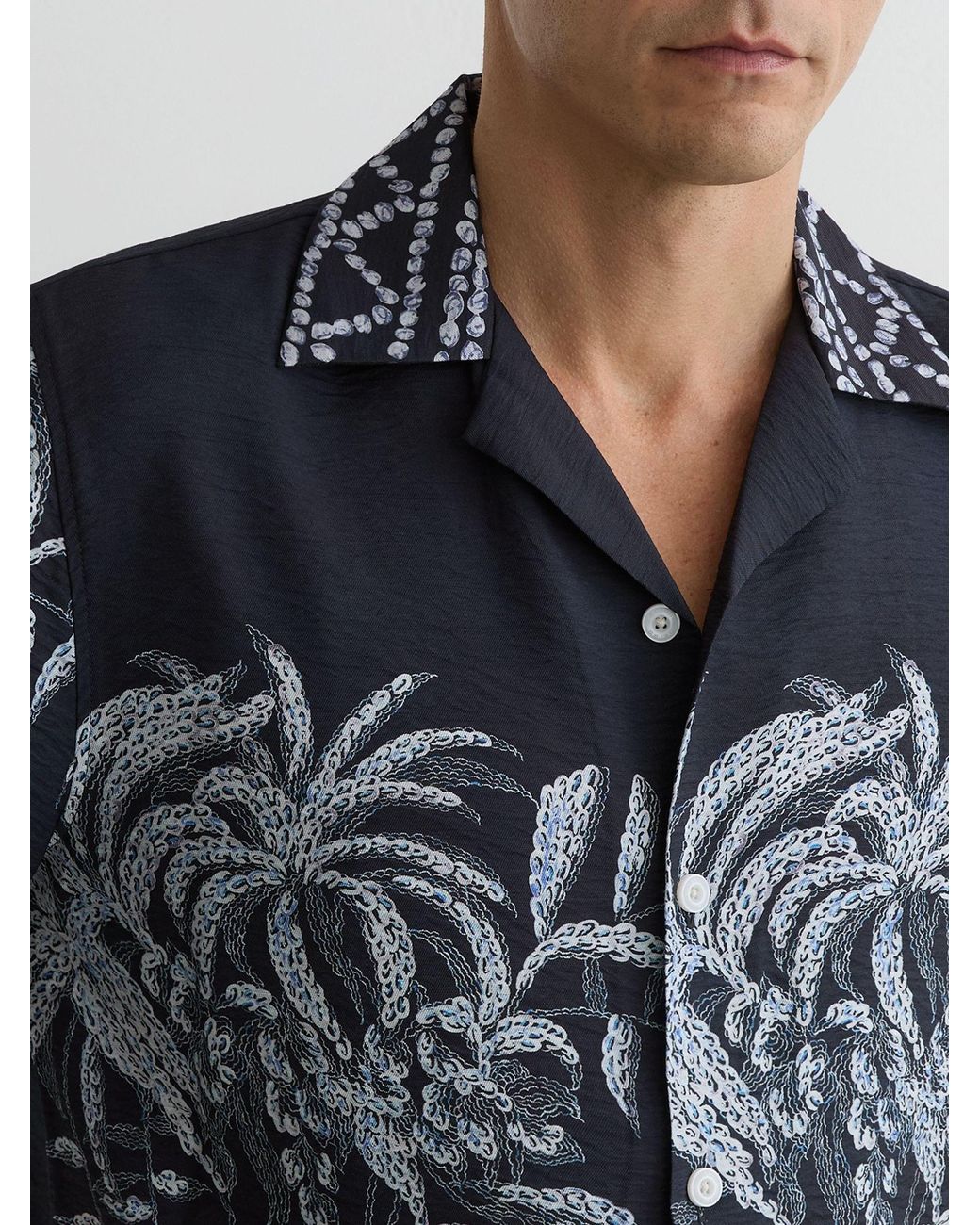 Reiss Blue Palm-Print Cuban-Collar Shirt for men