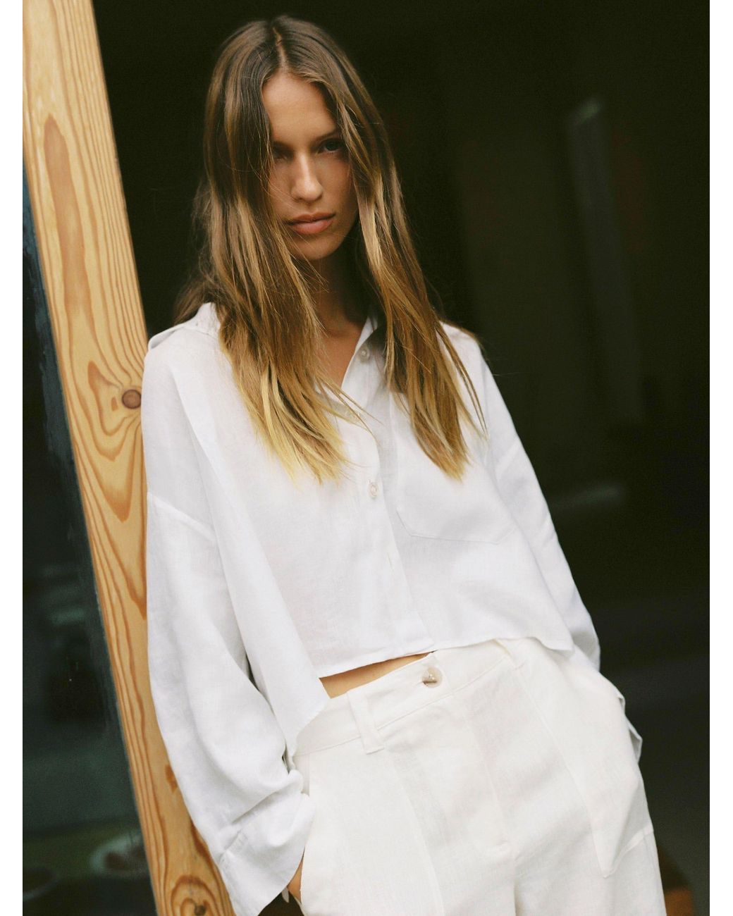 Reiss White Linen Oversize Cropped Shirt