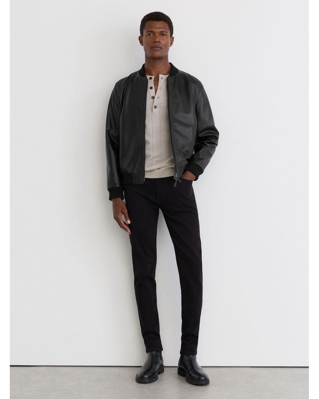 Reiss Gray Leather Bomber Jacket for men