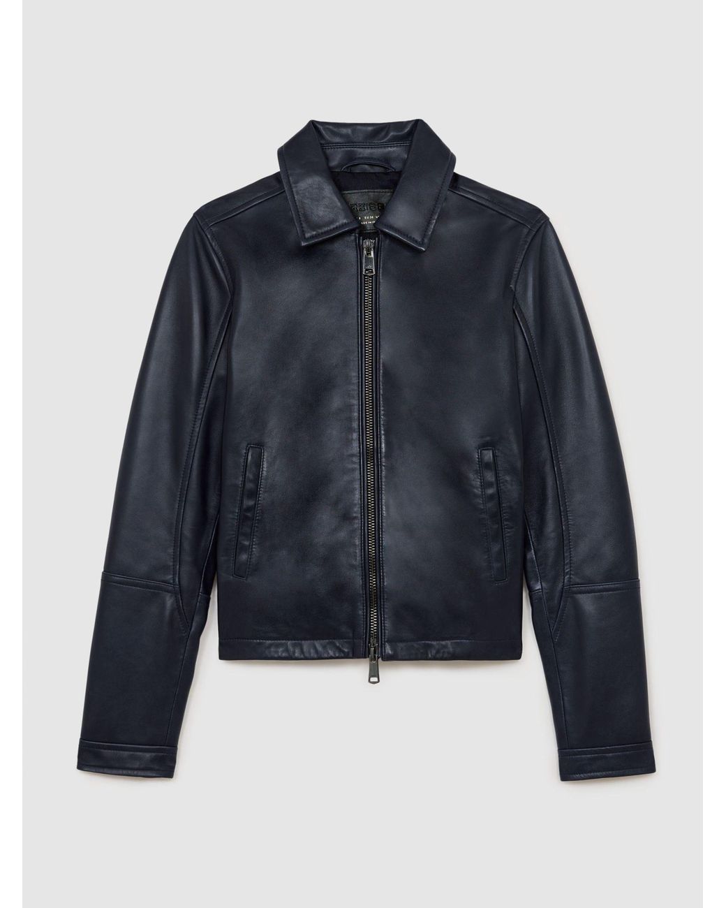 Reiss Gray Petite Leather Zip-Through Moto Jacket