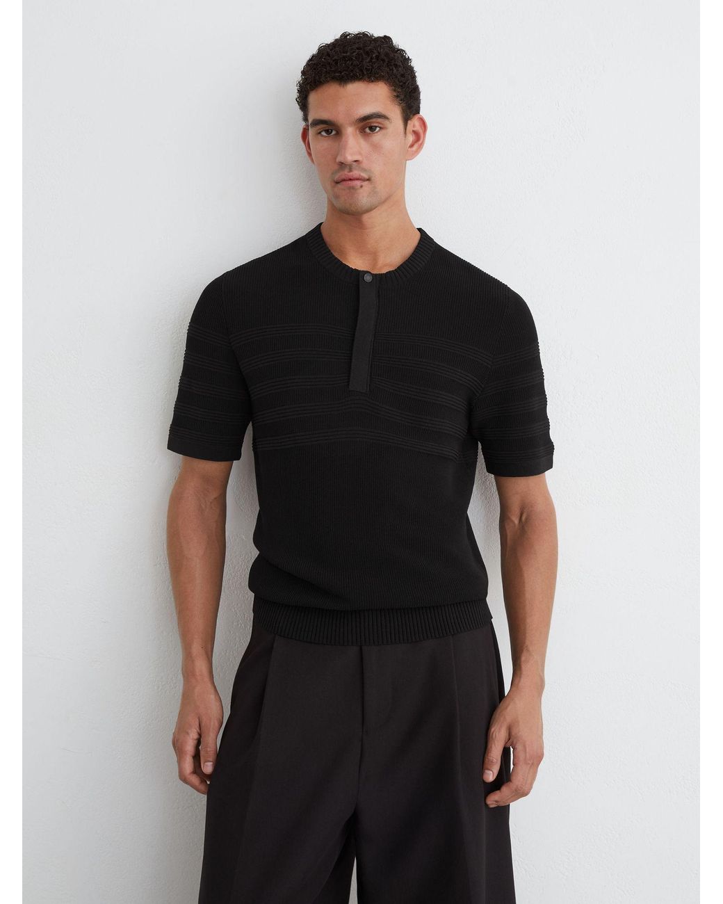 Reiss Brockwell - Black Cotton-blend Textured Henley Top, Xs for men