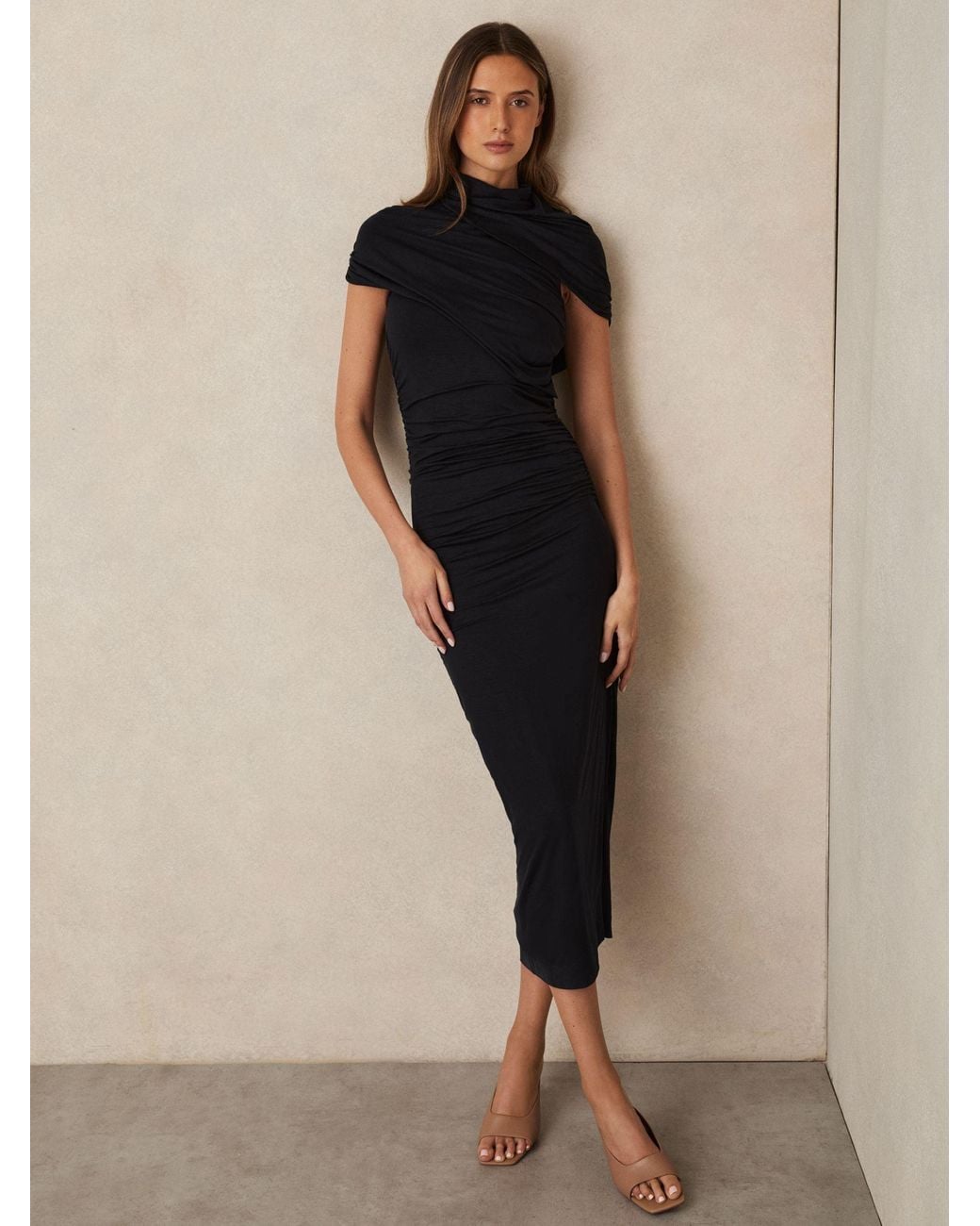 Reiss Natural Stretch-Lyocell Ruched Midi Dress