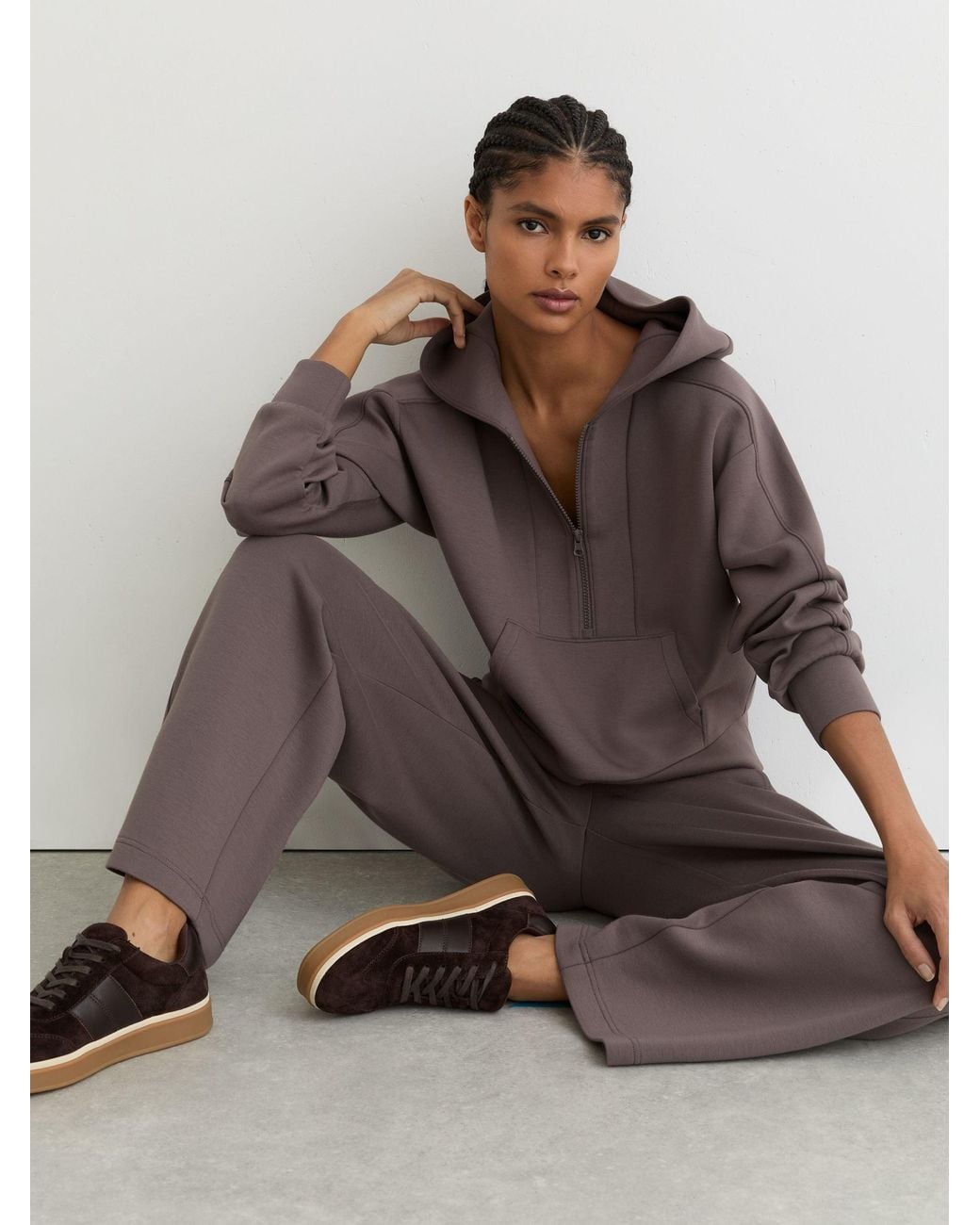 Reiss Brown Premium Interlock Half-Zip Hoodie