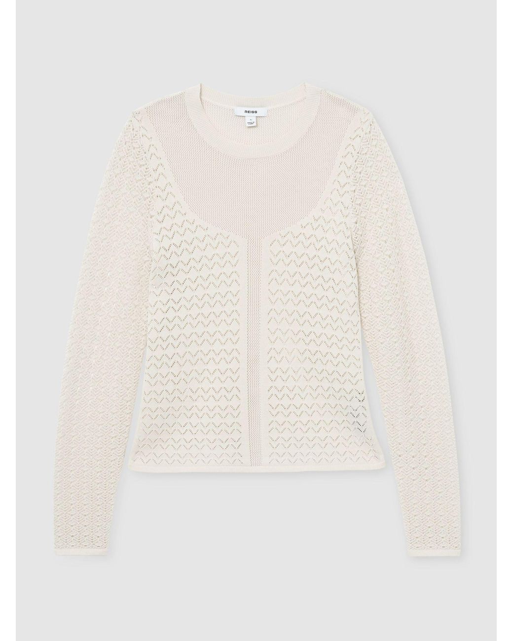 Reiss White Bella - Ivory Pointelle-knit Long-sleeve Top, M (us 8-10)