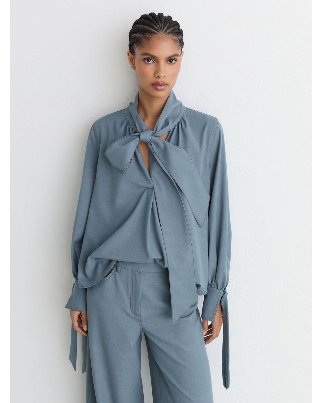 Reiss Blue Denim-Look Tie-Neck Blouse