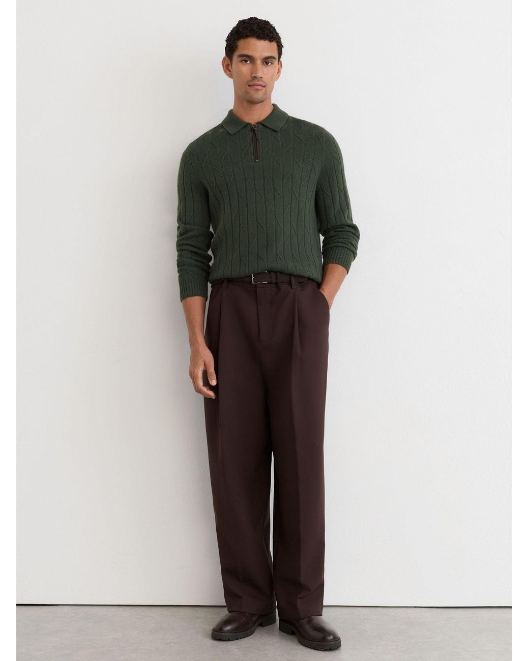 Reiss Green Wool Stitch-Detail Half-Zip Polo Jumper for men