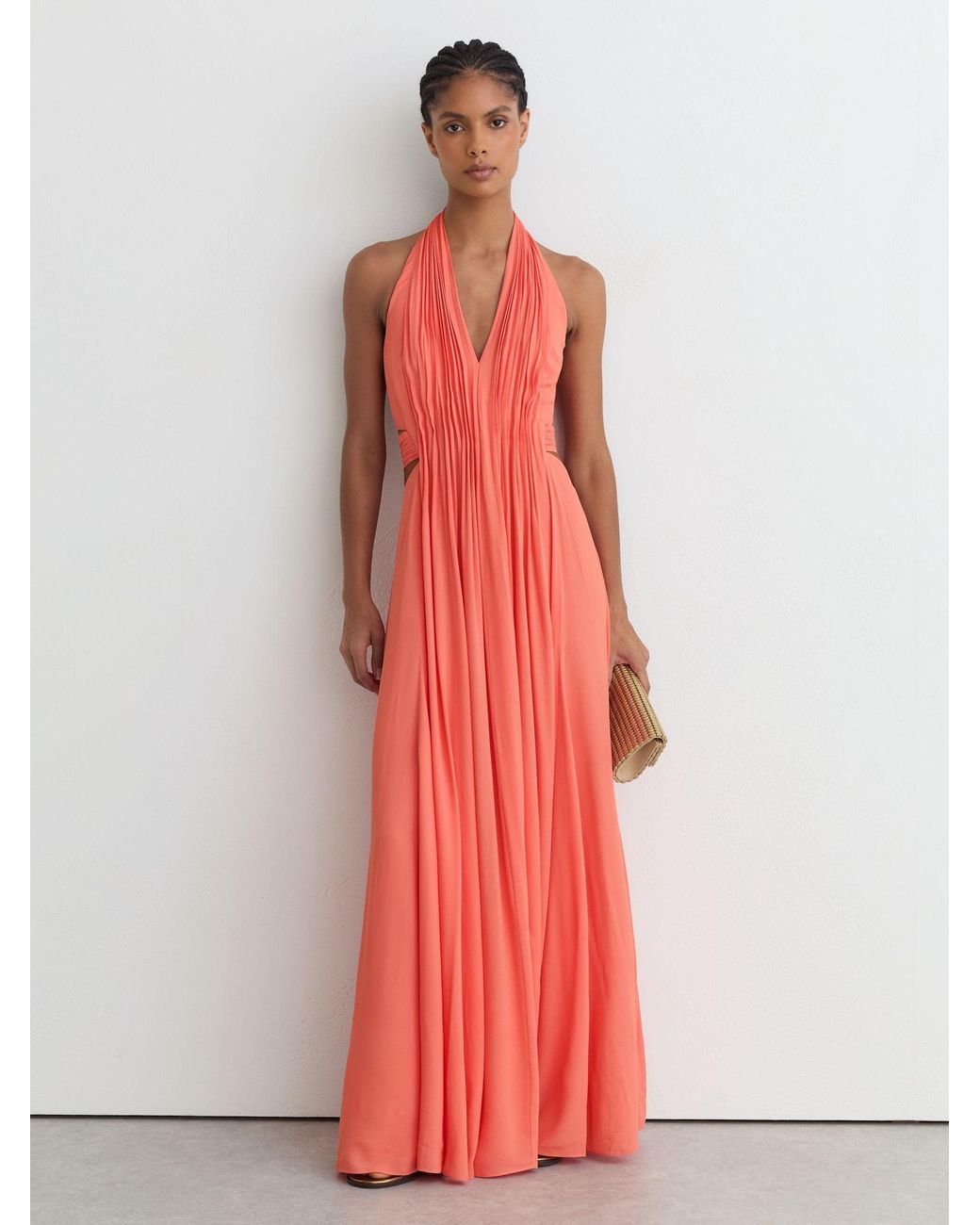 Reiss Red Halterneck Pleated Maxi Dress