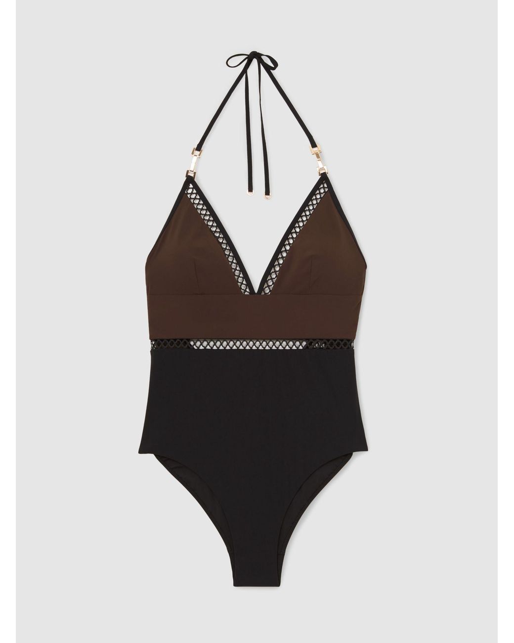Reiss Black Chocolate & Colour-Block Lattice-Trim Swimsuit
