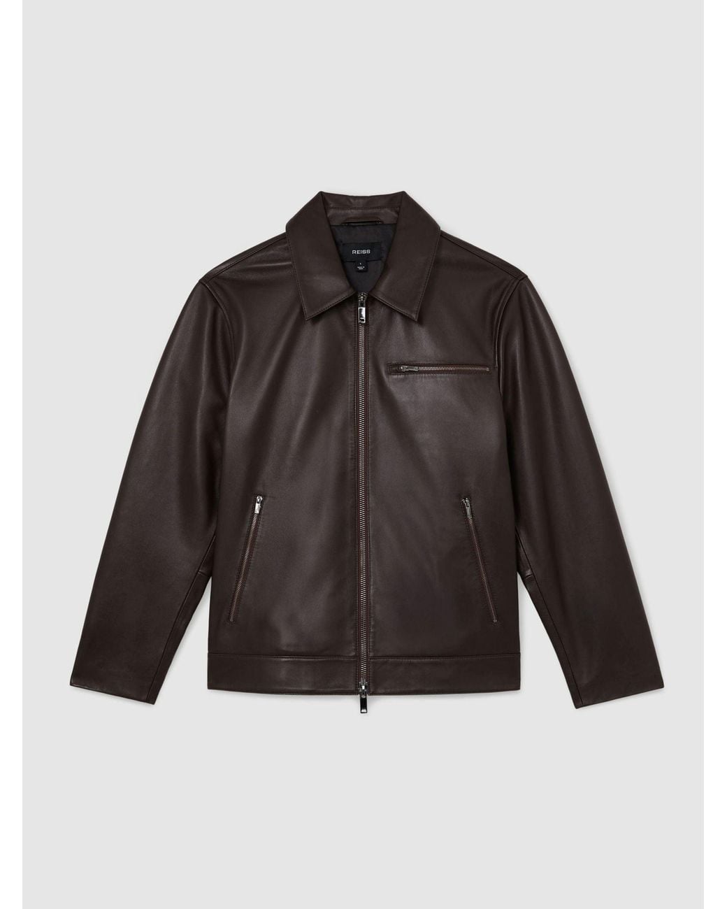 Reiss Black Strader Leather Zip-Through Jacket for men