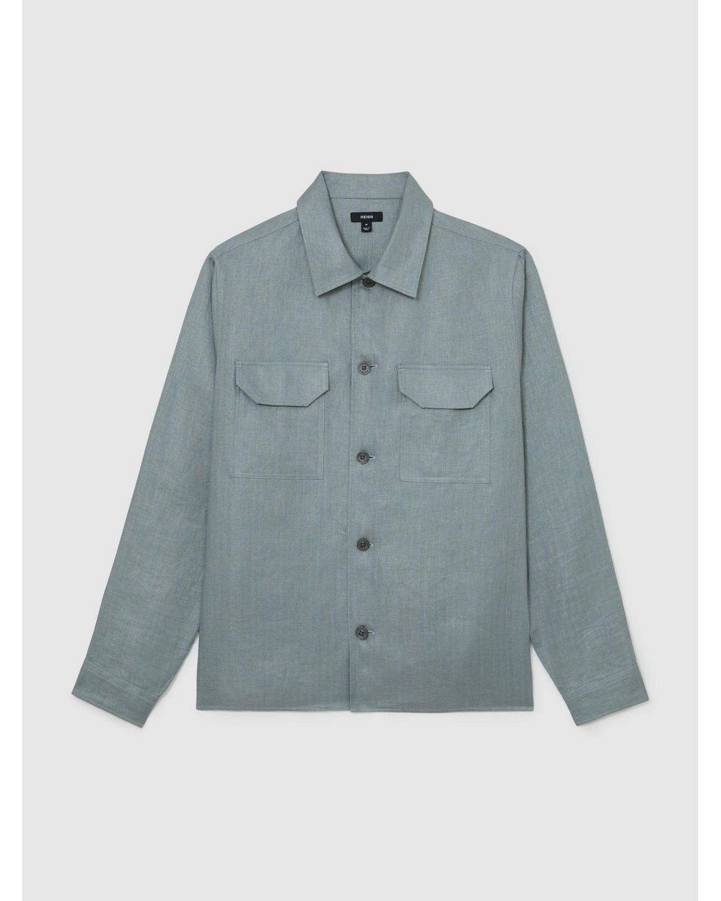 Reiss Blue Linen Herringbone-Stripe Regular-Fit Shirt for men