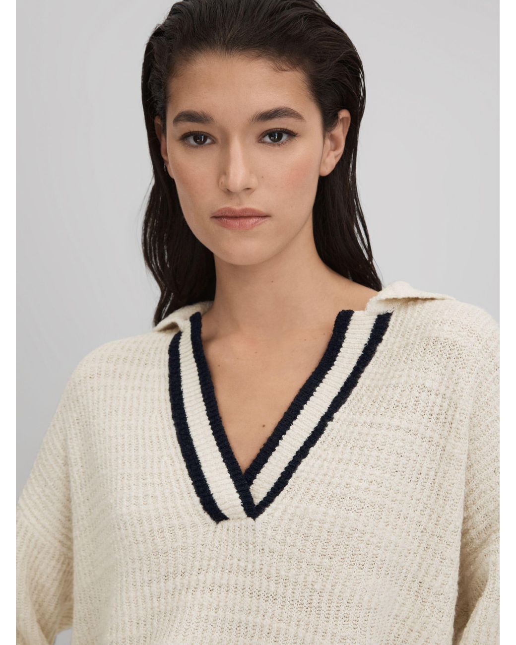 Reiss Blue Michaela Open Collar Jumper Textured, Cream