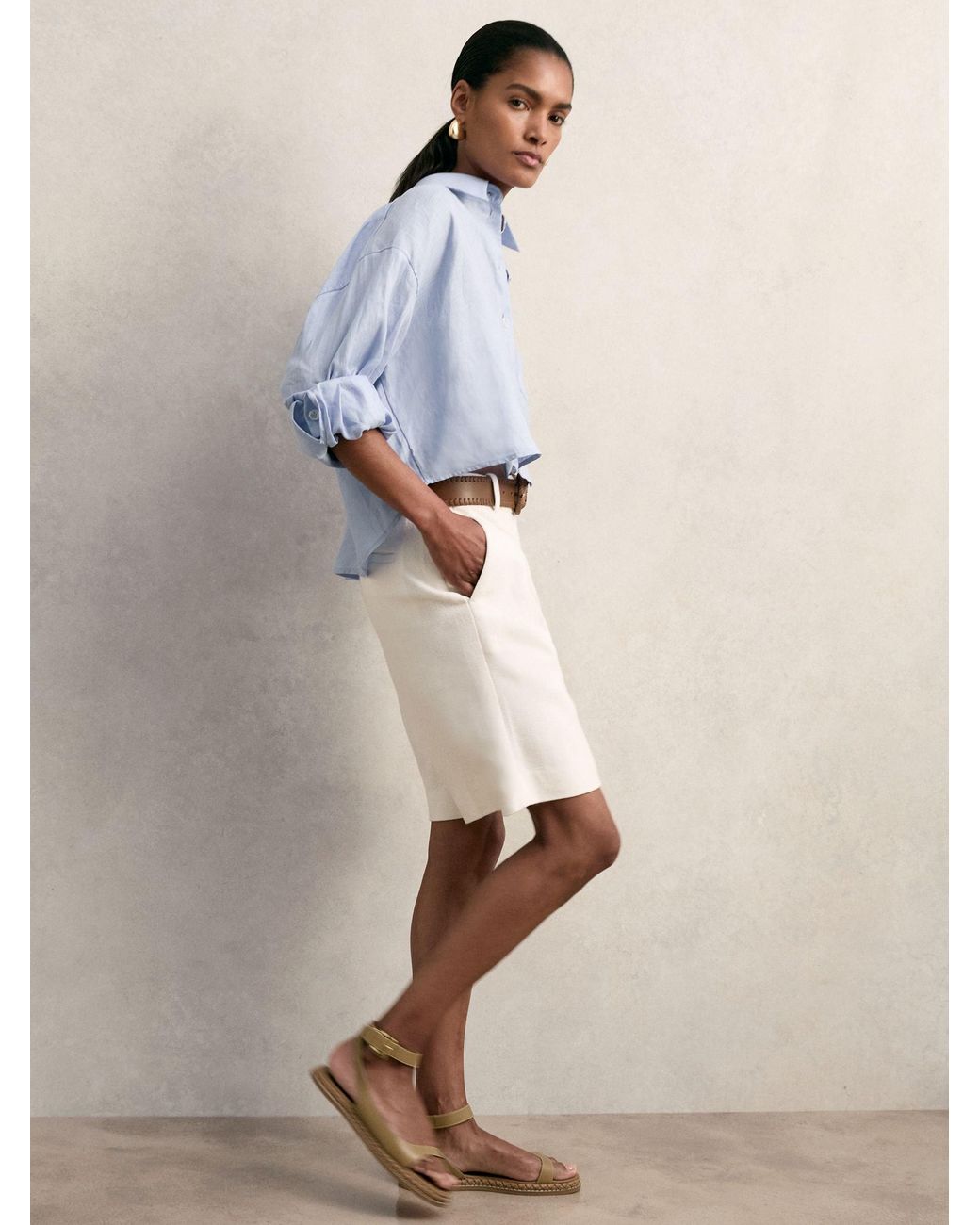 Reiss Blue Linen Oversize Cropped Shirt