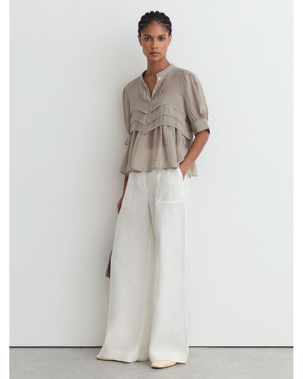 Reiss Gray Georgia - Grey Frill-detail Half-button Blouse, Us 6