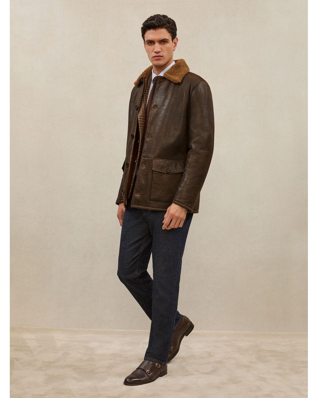 Reiss Brown Atelier Shearling Leather Jacket for men