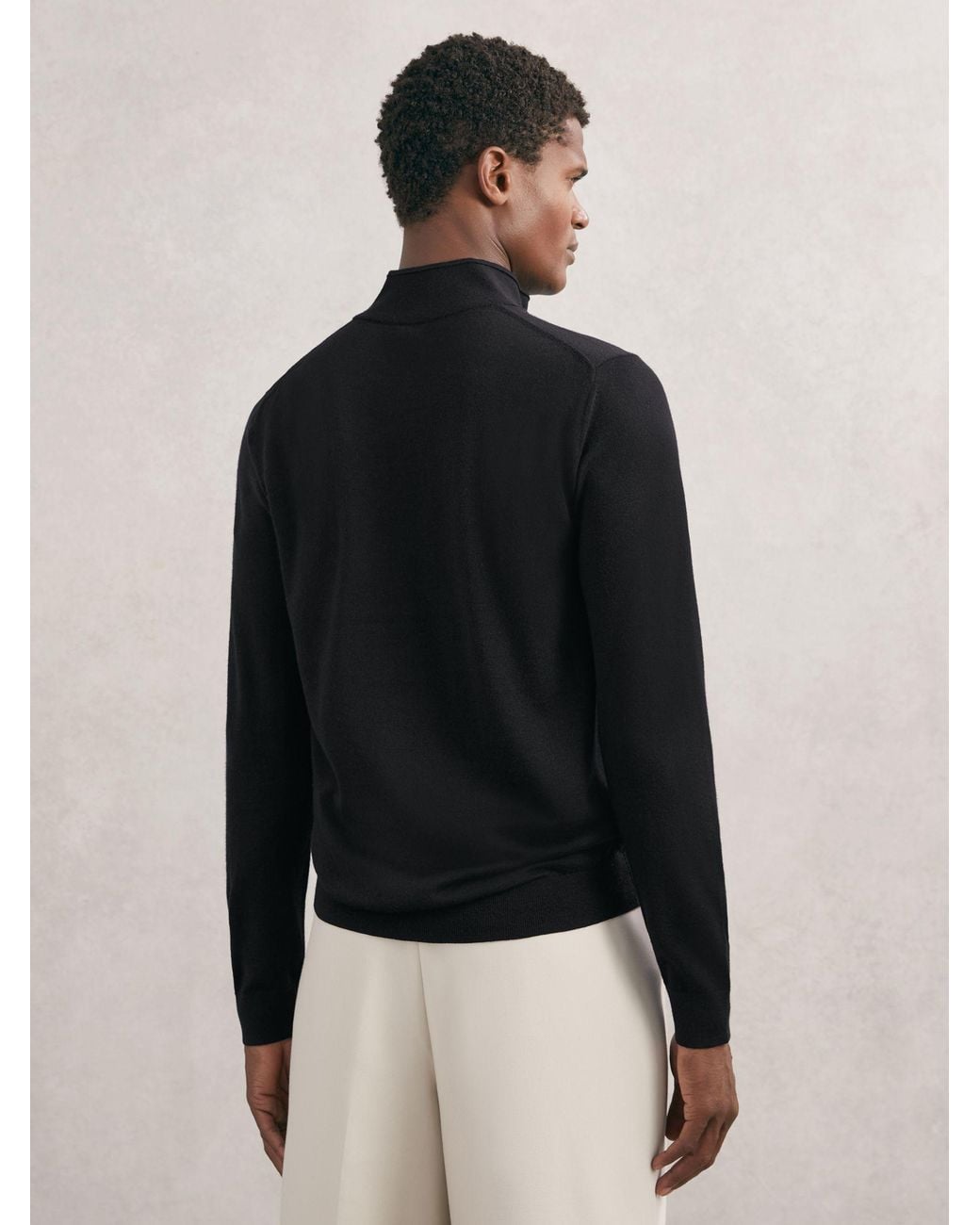 Reiss Black Merino Wool Half-Button Funnel Jumper for men