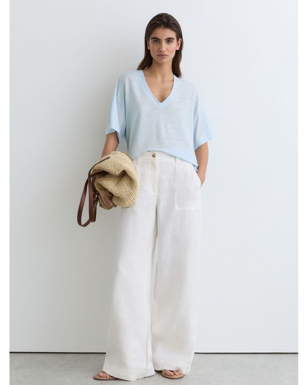 Reiss White Linen V-Neck T-Shirt