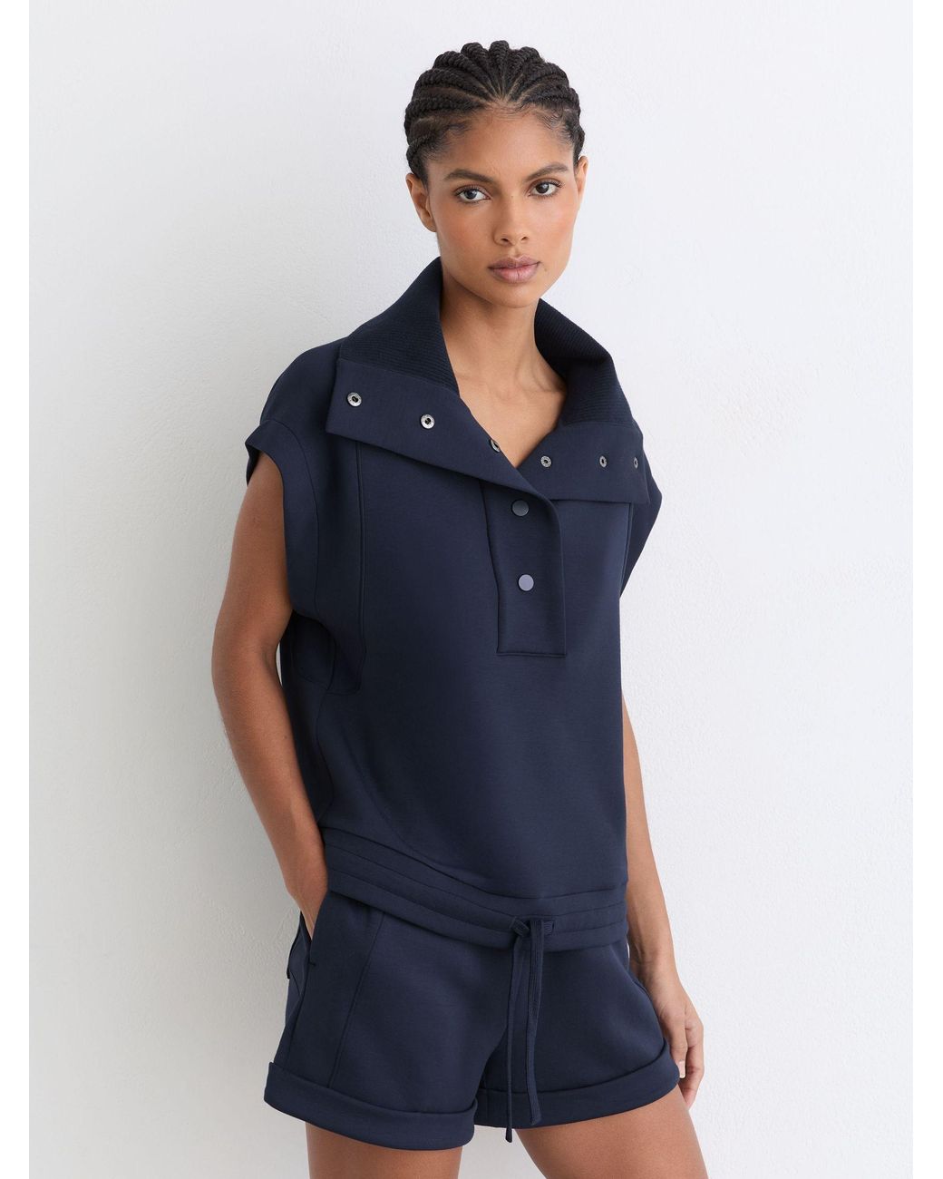 Reiss Blue Premium Interlock Sleeveless Collared Top