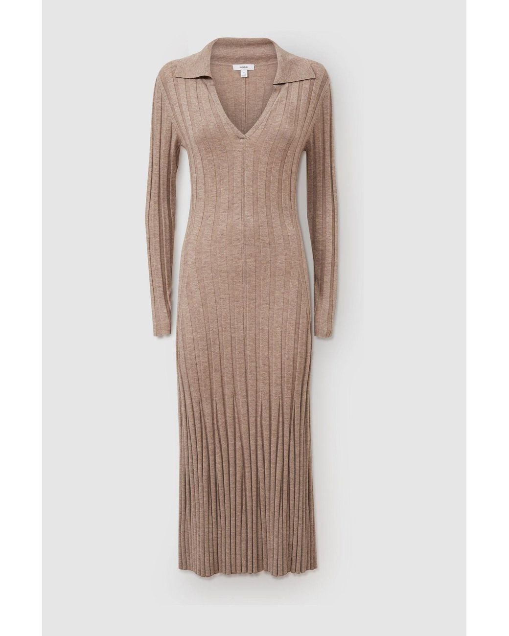 Reiss Natural Winnie - Neutral Petite Knitted Open Collar Midi Dress