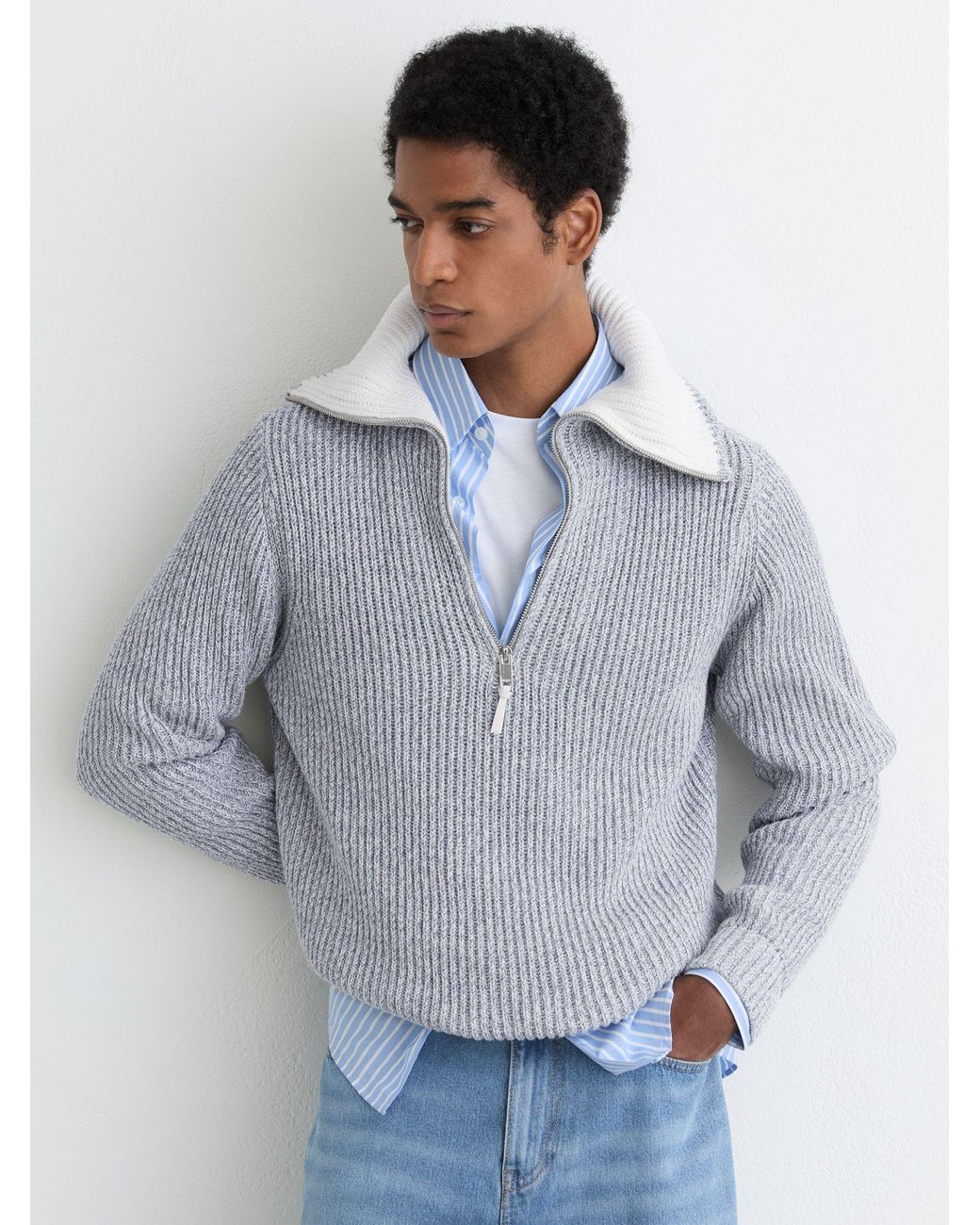 Reiss Gray Cotton-Blend Rib-Knit Half-Zip Jumper for men