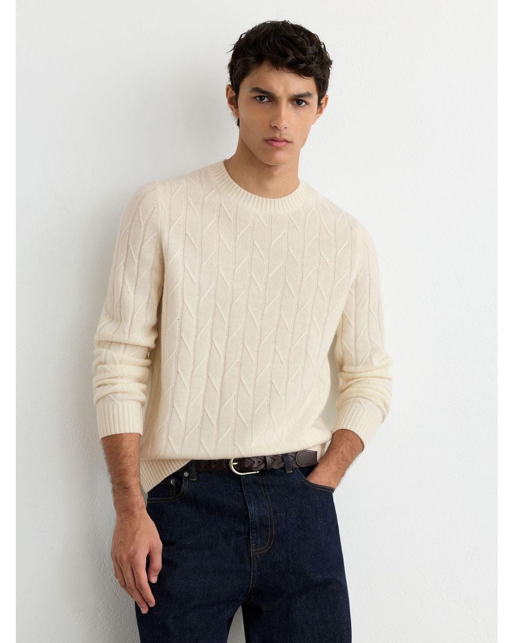 Reiss Leyton - Ivory White Wool Twisted-cable Crew-neck Jumper, M for men