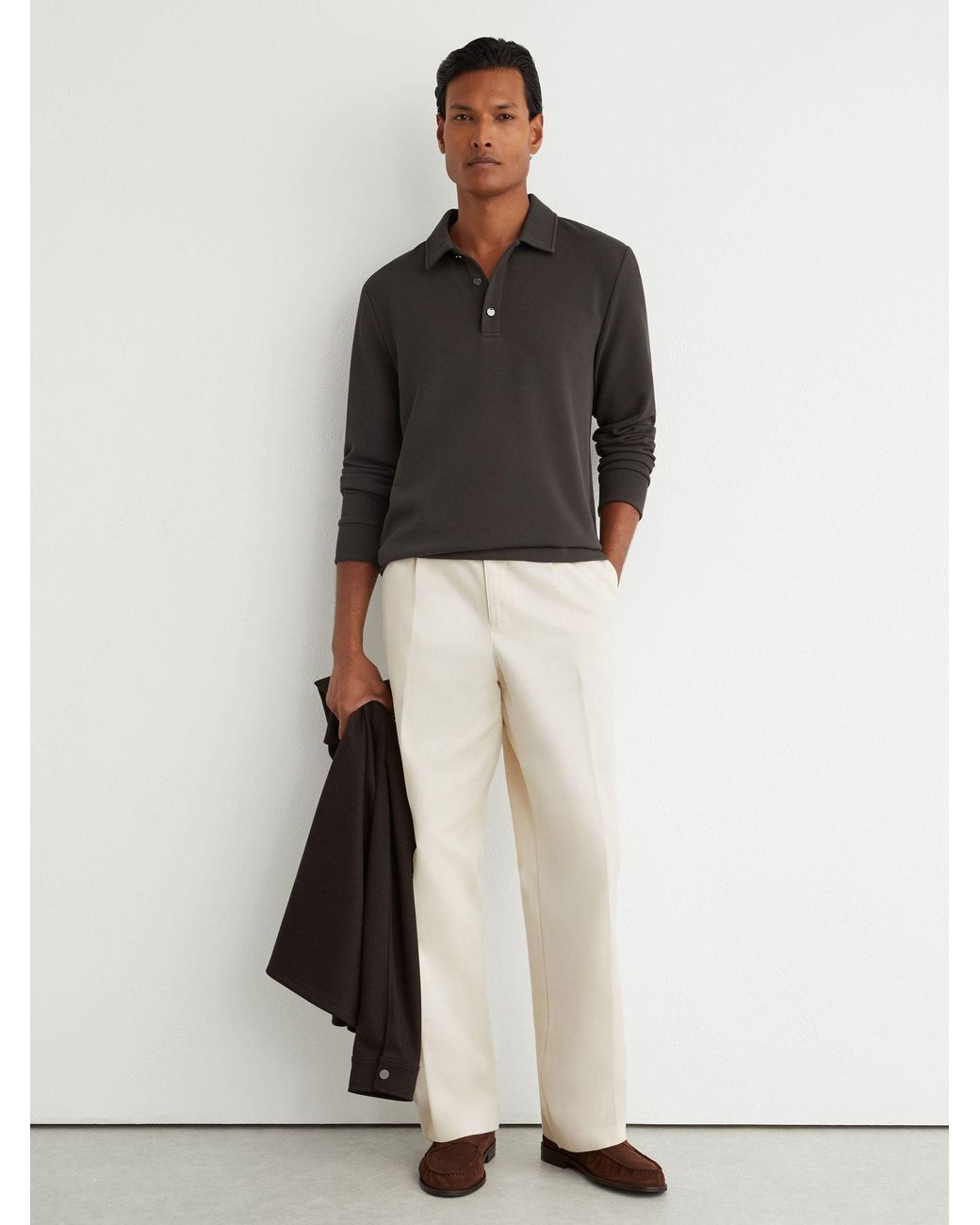 Reiss Black Textured Long-Sleeve Polo Shirt for men