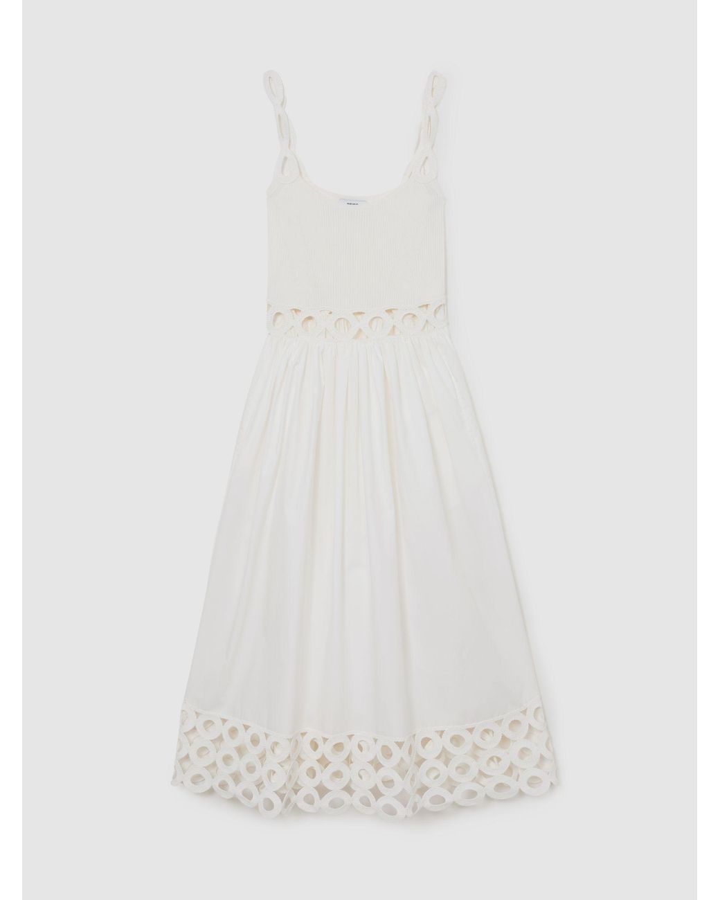 Reiss White Rita Rib-Knit Woven Mix Cut-Out Midi Dress