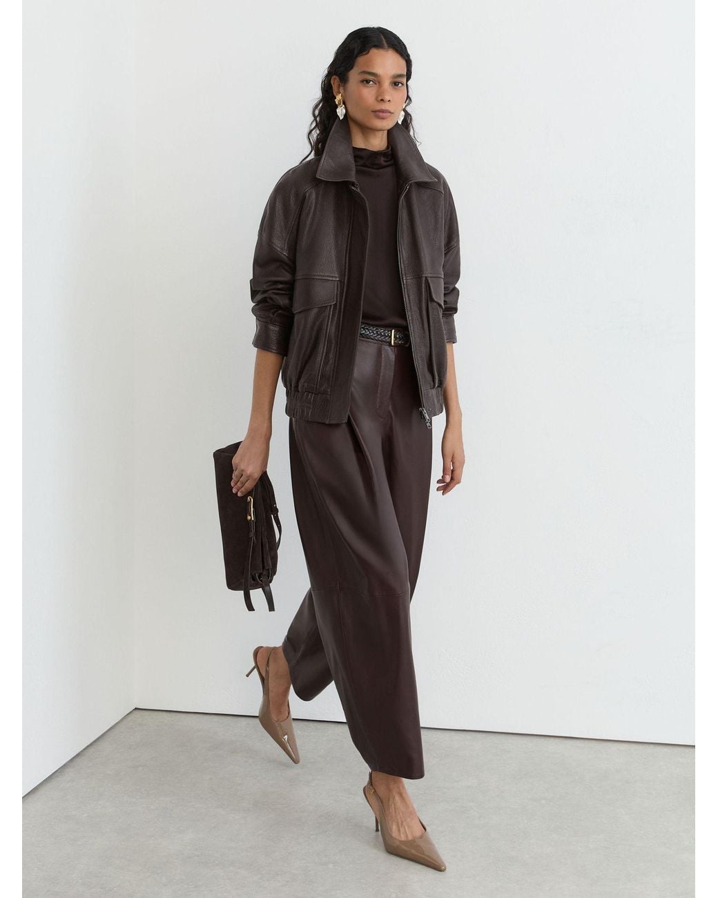 Reiss Brown Maeve Ebony Leather Twin-Pocket Relaxed Jacket, Dark
