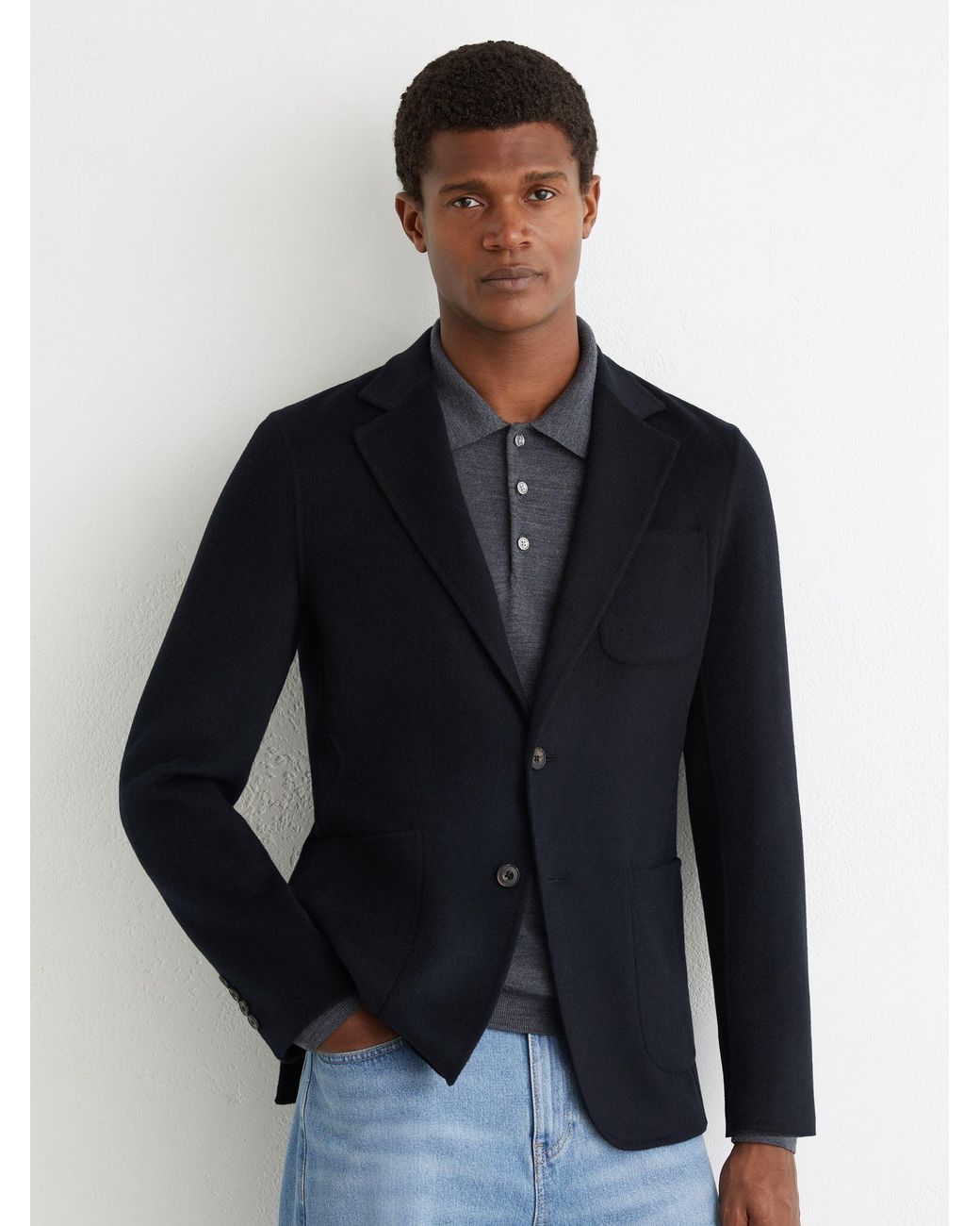 Reiss Blue Wool-Blend Single-Breasted Blazer Tailored-Fit for men