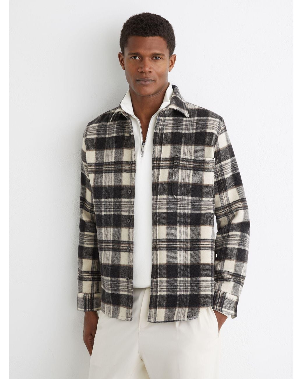 Reiss Gray Wool-Blend Check Overshirt for men