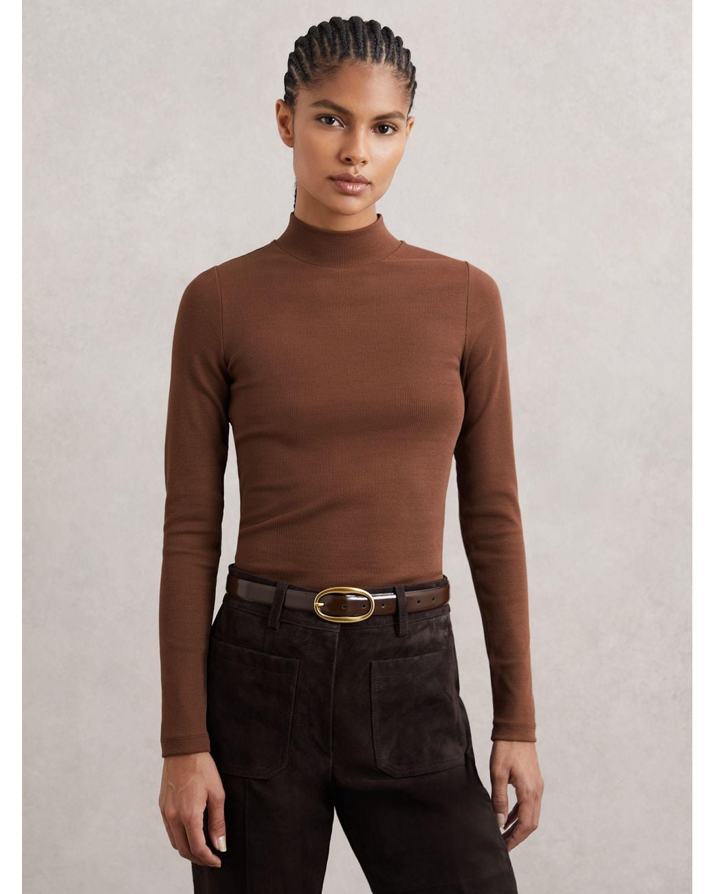 Reiss Brown Stretch-Cotton Funnel-Neck Top
