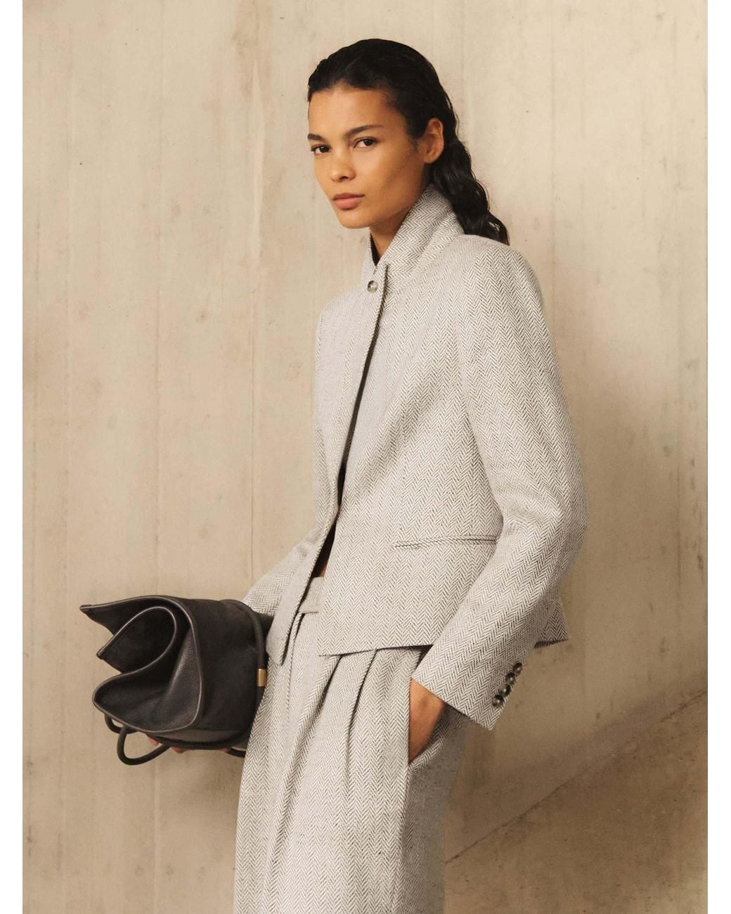 Reiss White Herringbone Linen-Blend Cropped Suit Blazer