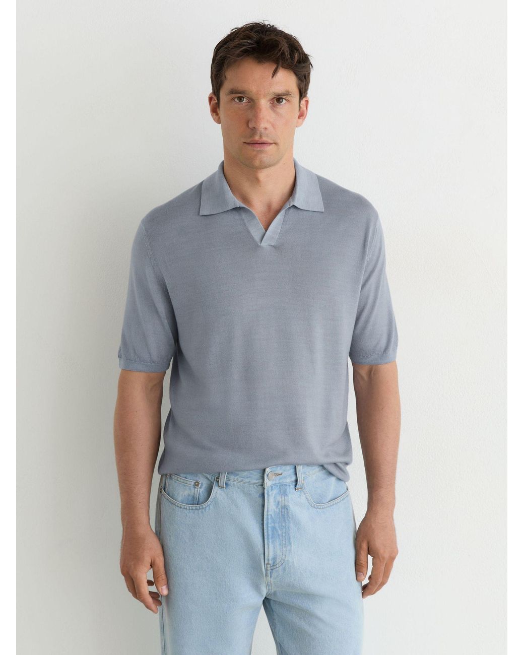 Reiss Blue Pigment-Dyed Merino Wool Open-Collar Polo Shirt for men