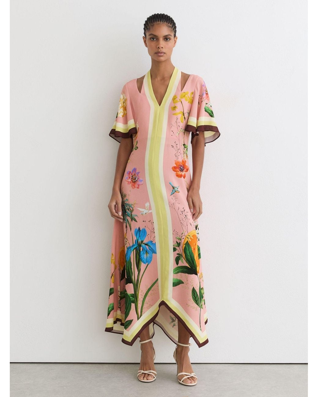 Reiss White Flossy - Pink Floral-print Cut-out Midi Dress, Us 4