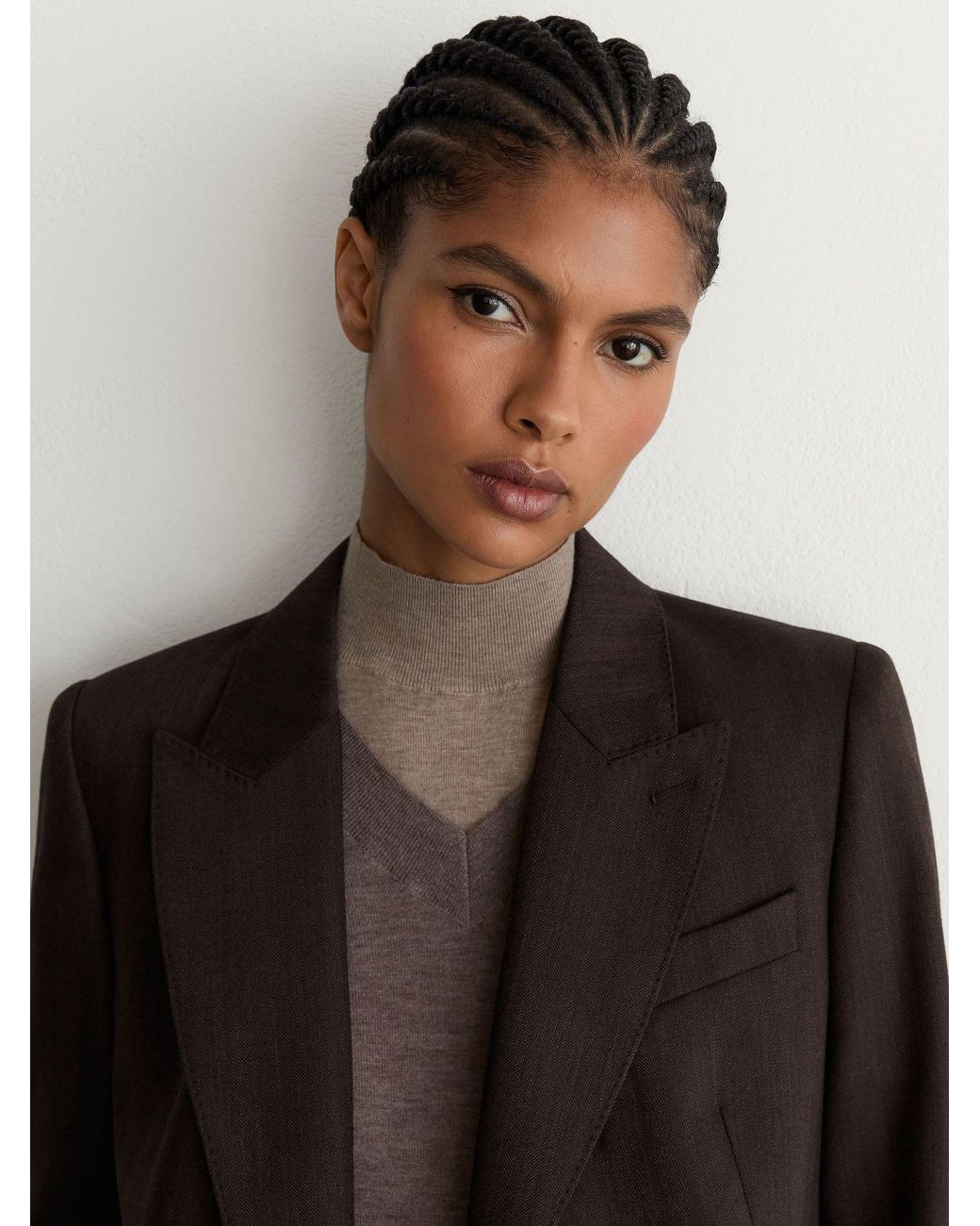 Reiss Black Chocolate Dawson Petite Wool-Blend Herringbone Double-Breasted Blazer